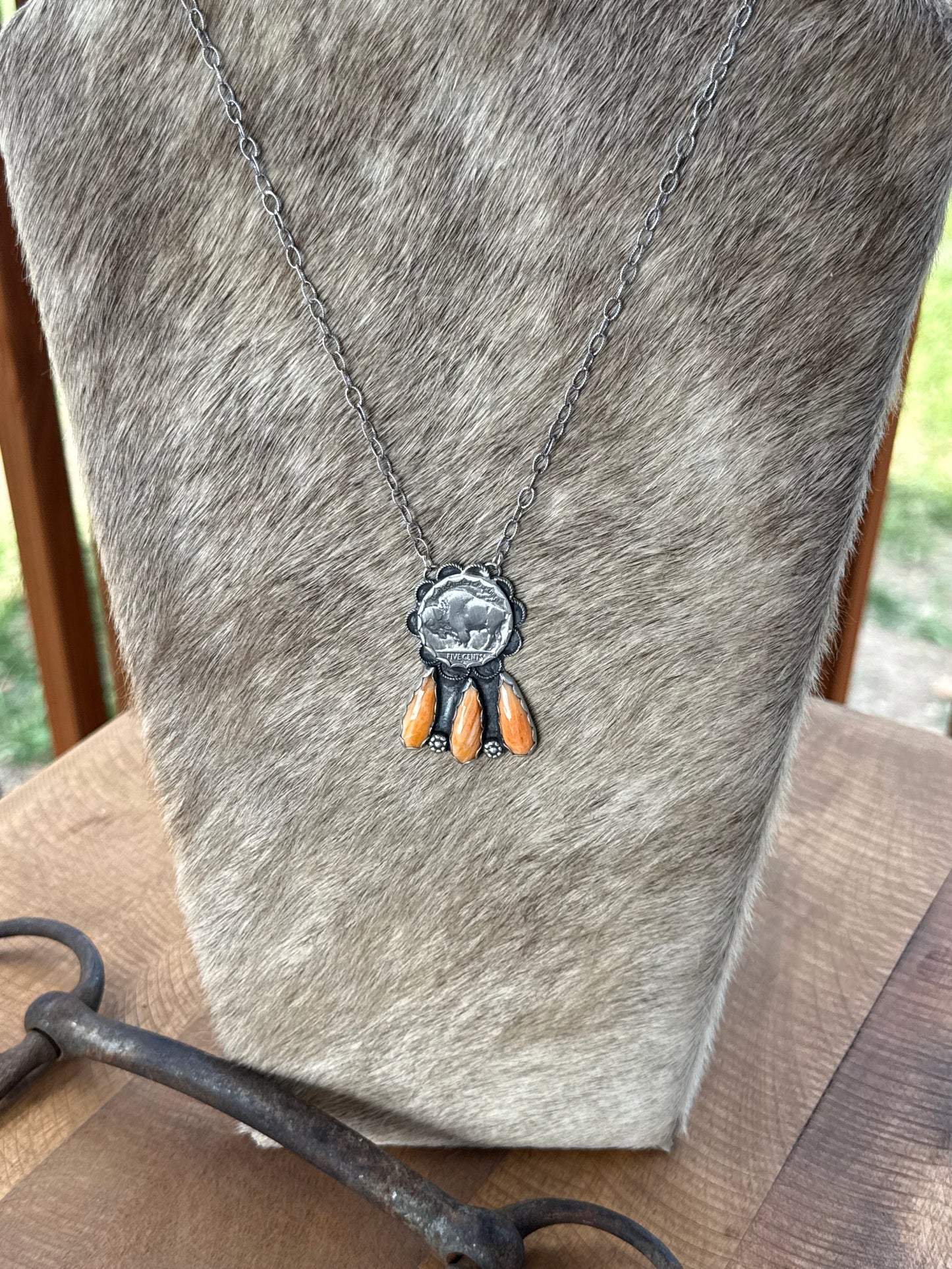 Orange spiny buffalo nickel necklace