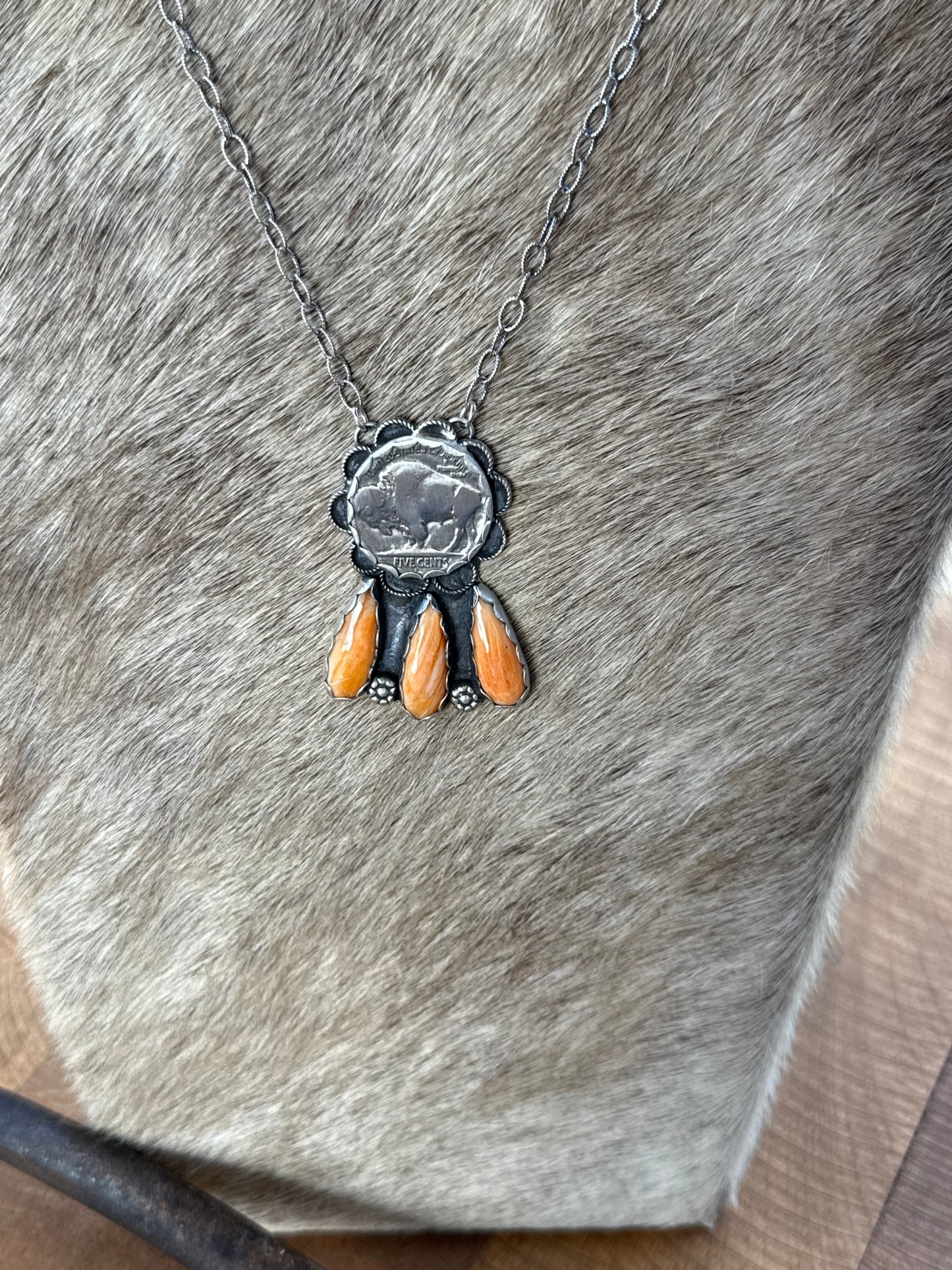 Orange spiny buffalo nickel necklace